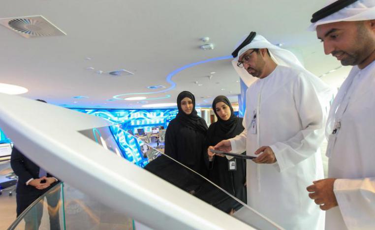 Sultan Ahmed Al Jaber, UAE Minister of State and the Abu Dhabi National Oil Company (ADNOC) Group CEO talks to employees at the Panorama Digital Command Centre