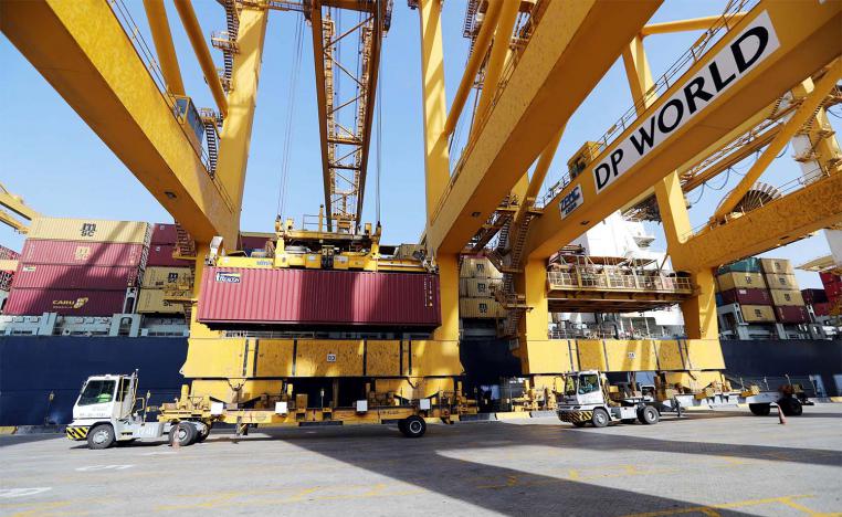 Terminal tractors line up at DP World's Terminal 2 at Jebel Ali Port in Dubai