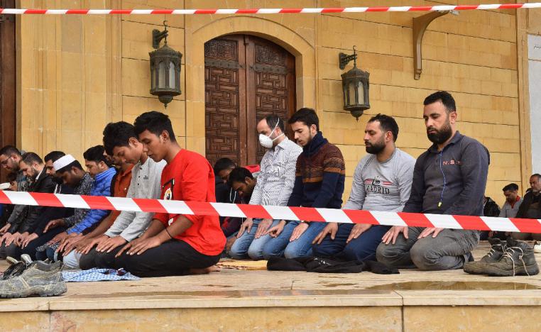 Muslim men pray at Lebanon's Sunni Mohammed Al-Amin mosque in Beirut