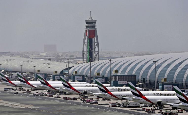 Grounded Emirates Airline planes pictured at Dubai International Airport