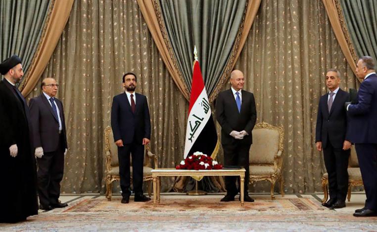 الرئيس العراقي برهم صالح اثناء تكليف مصطفى الكاظمي بتشكيل الحكومة