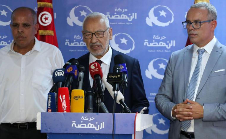 زعيم حركة النهضة راشد الغنوشي في مؤتمر صحفي في تونس