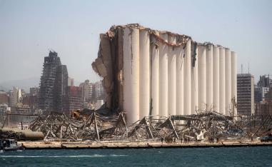 A general view shows the severely damaged grain silo following the explosion in Beirut's port area