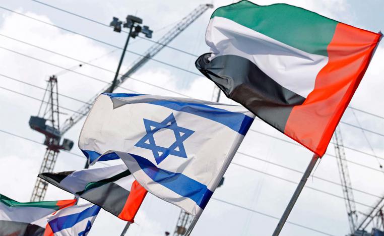 Israeli and UAE flags line a road in the Israeli coastal city of Netanya