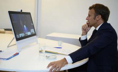 Sunday’s donor teleconference was hosted by French President Emmanuel Macron