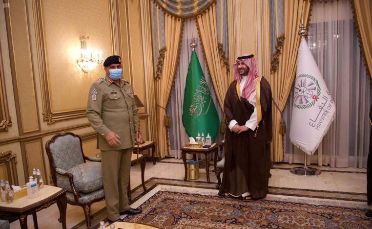 Pakistan's Army Chief of Staff General Qamar Javed Bajwa is welcomed by Saudi Arabia's Deputy Defense Minister Prince Khalid bin Salman, in Riyadh