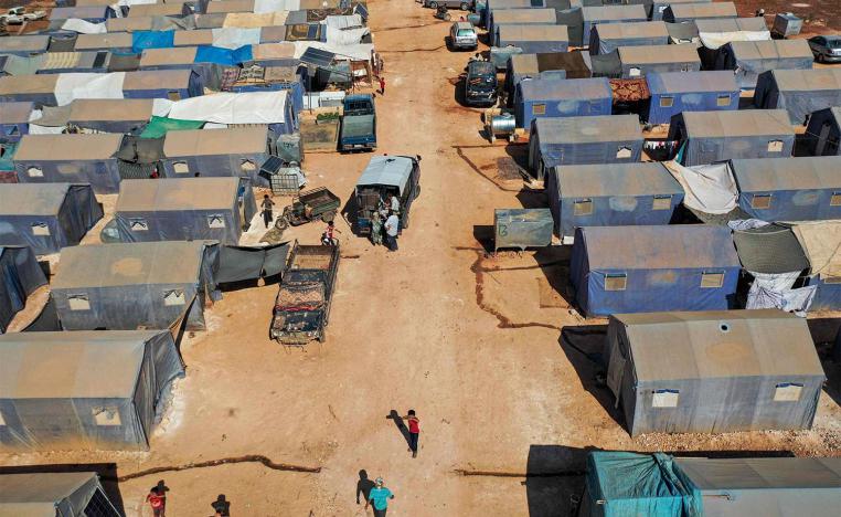 Aerial view of tents at the Azraq camp for displaced Syrians near the town of Maaret Misrin in Syria's northwestern Idlib province