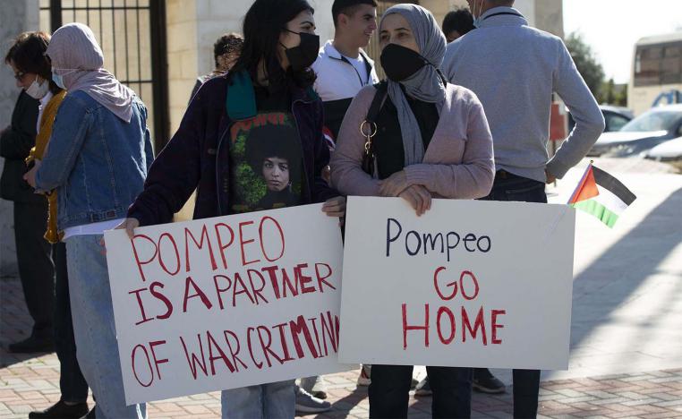 Palestinians protest against expected visit of the US Secretary of State Mike Pompeo to the Jewish settlement of Psagot near the West Bank city of Al-Bireh