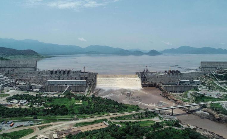 An aerial view Grand Ethiopian Renaissance Dam on the Blue Nile River 