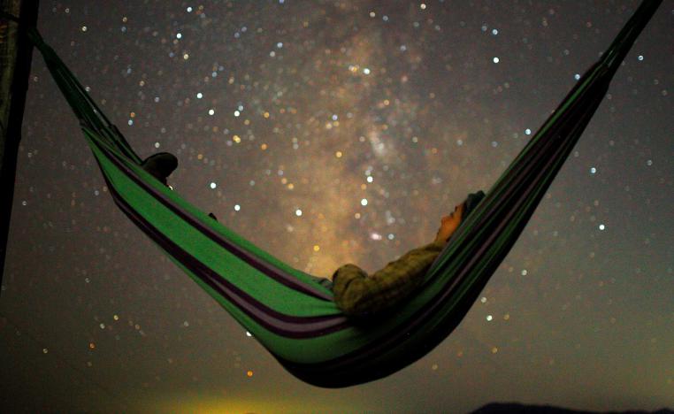 فتاة تجلس في أرجوحة وهي تنظر إلى مجرة ​​درب التبانة خلال ذروة تساقط نيزك في مقدونيا