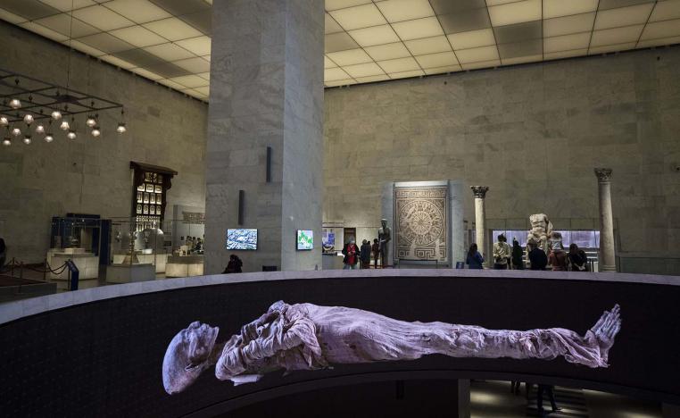 A large display of mummies at the National Museum of Egyptian Civilization in Cairo