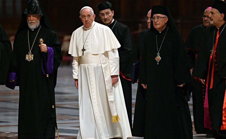 Pope Francis (C) with Lebanon's Christian leaders during a "Short Moment of Prayer, Day of Reflection and Prayer Lebanon" at the Altar of Confession in Saint Peter Basilica in the Vatican