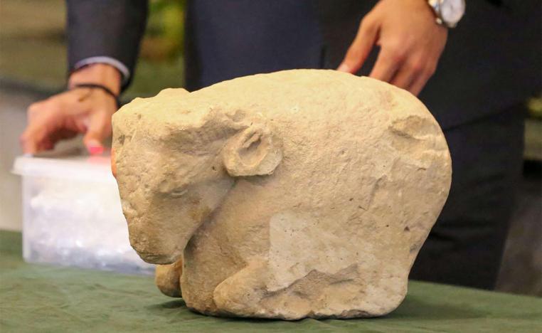 A Sumerian ram's head is displayed