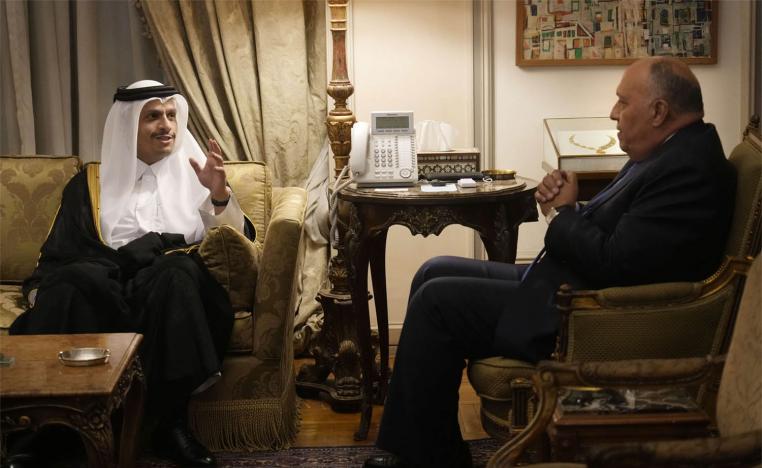 Egyptian Foreign Minister Sameh Shoukry, right, during a meeting with Qatar's Foreign Minister Sheikh Mohammed bin Abdulrahman Al Thani