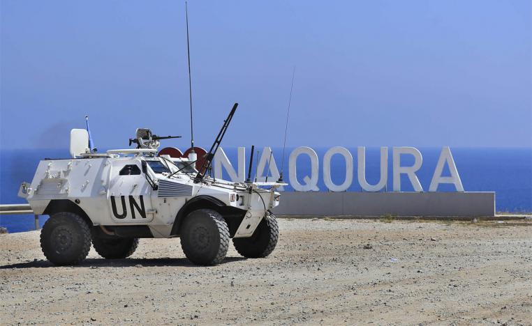 UNIFIL peacekeeping force vehicle patrols in the southern coastal border Lebanese-Israeli town of Naqoura