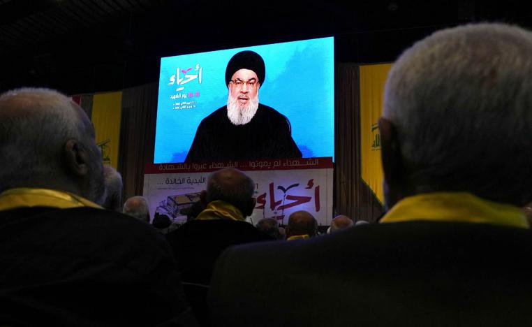 زعيم حزب الله حسن نصر الله يلقي كلمة على انصاره