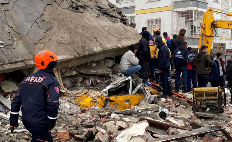Buildings were reported collapsed in a cross-border swath extending from Syria’s cities of Aleppo and Hama to Turkey’s Diyarbakir