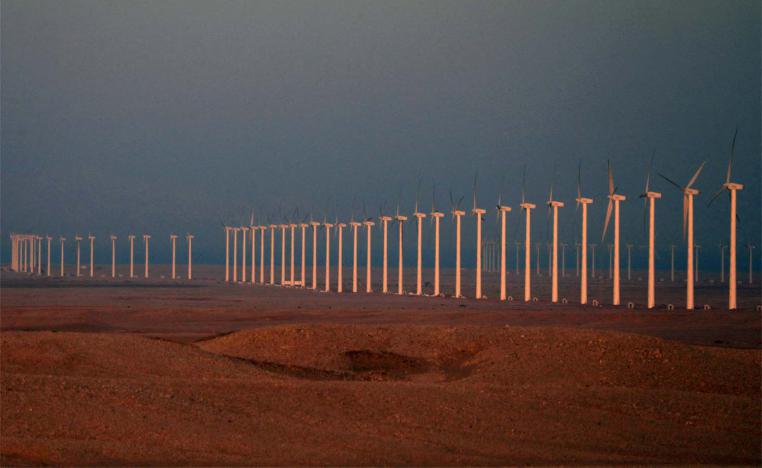 Wind turbines on the Zafarana Wind Farm at the desert road of Suez outside of Cairo