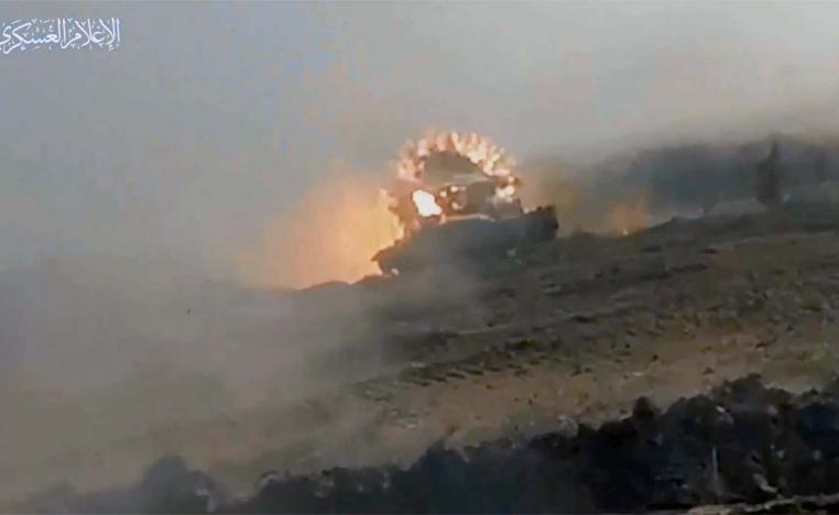 View of what Hamas described as a anti-armor shells fired toward Israeli tanks and vehicles in Gaza in this still image from video