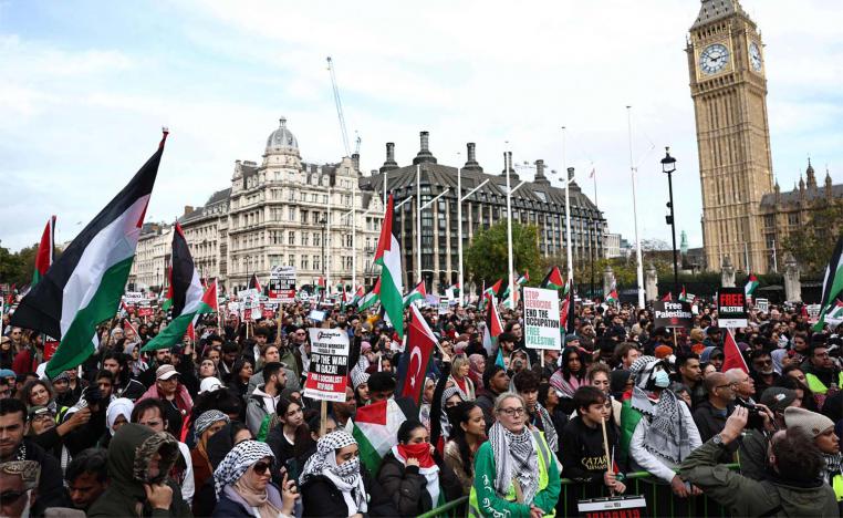 People in Parliament Square taking part in a March For Palestine in London on October 28