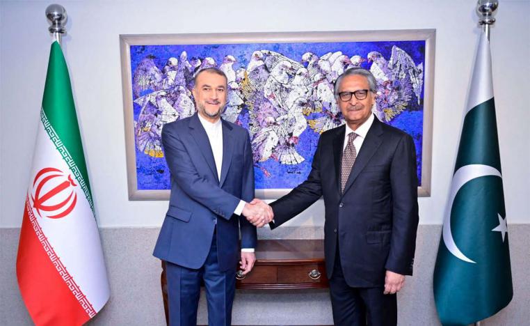 Pakistan's caretaker FM Jalil Jilani shakes hands with Iran's FM Hossein Amir-Abdollahian in Islamabad