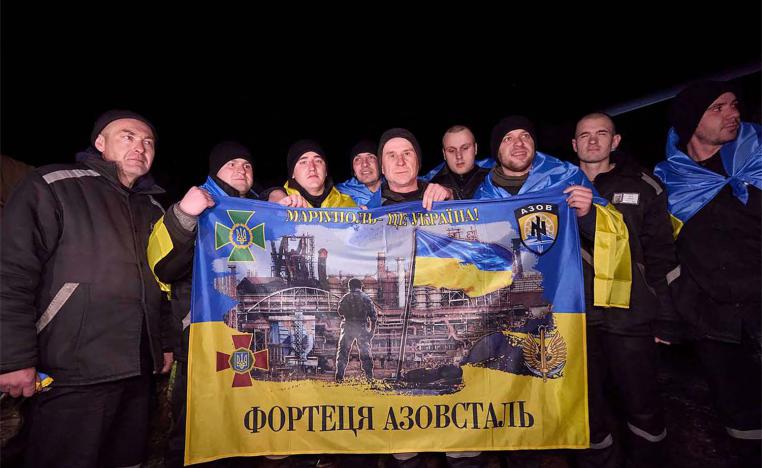 krainian prisoners of war posing for a photo following a swap at an undisclosed location in Ukraine