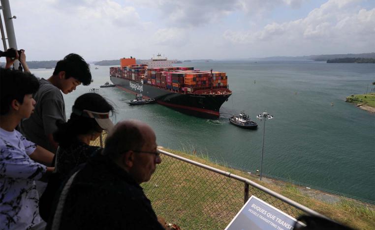 A cargo ship is pictured at the Panama Canal in Agua Clara