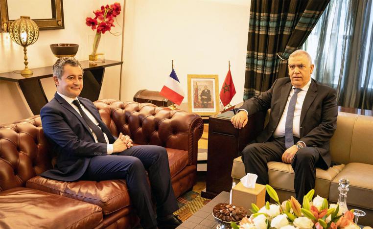 Morocco's Interior Minister Abdelouai Laftit (R) receives his French counterpart Gerald Darmanin in Rabat 