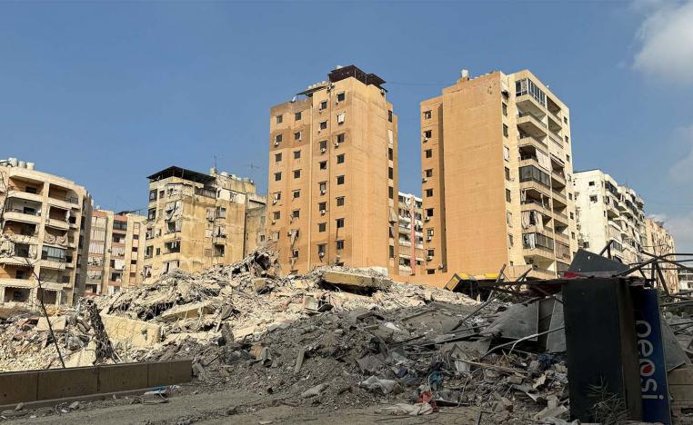 Rubble lies at a damaged site in the aftermath of Israeli strikes on Beirut's southern suburbs