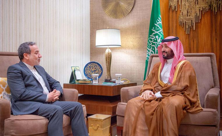 Saudi Crown Prince Mohammed bin Salman receiving Iran's FM Abbas Araqchi in Riyadh