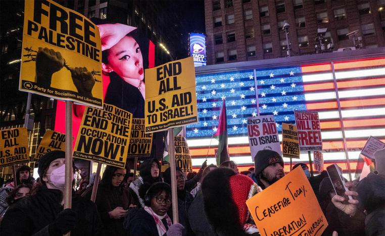 People participate in a pro-Palestinian rally in Times Square on January 16