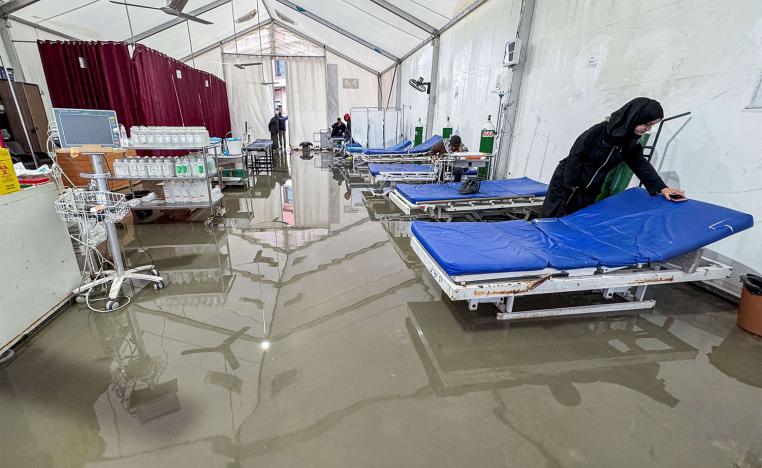 A field hospital is flooded following heavy rains in Khan Younis
