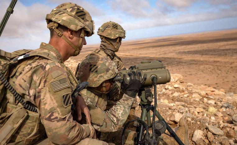 US army soldiers stand at an observation point during the African Lion military exercise in Morocco's Tan-Tan region