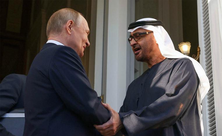  Russia's President Vladimir Putin shakes hands with UAE President Sheikh Mohamed bin Zayed bin Sultan al-Nahyan following their talks at the Kremlin in Moscow on October 21, 2024