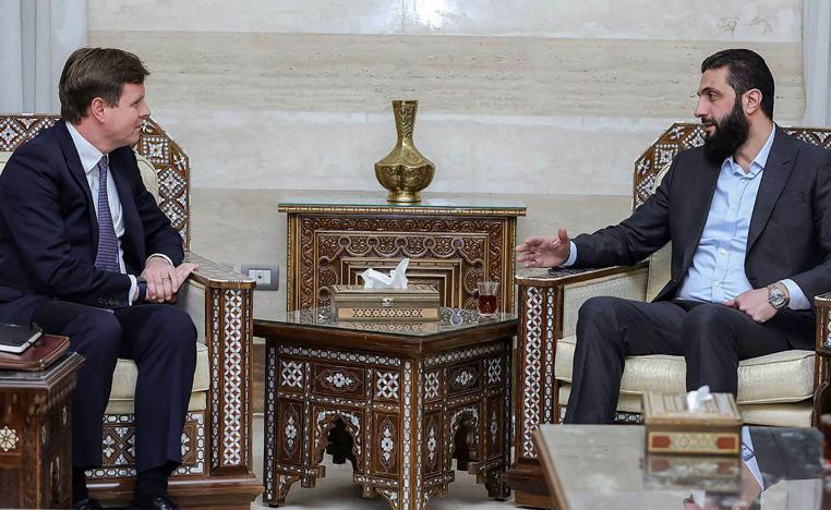 Sharaa receiving Stephen Hickey, the director of the Middle East and North Africa department at Britains Foreign, Commonwealth, and Development Office in Damascus last December