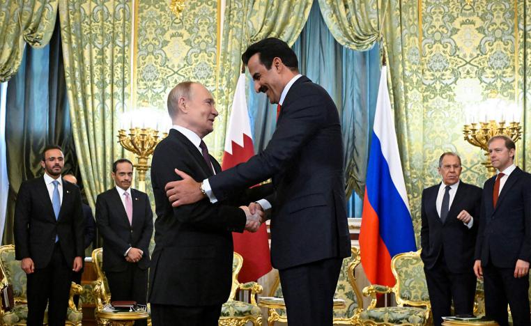 Russia's President Vladimir Putin shakes hands with Qatar's Emir Sheikh Tamim bin Hamad Al Thani at the Kremlin