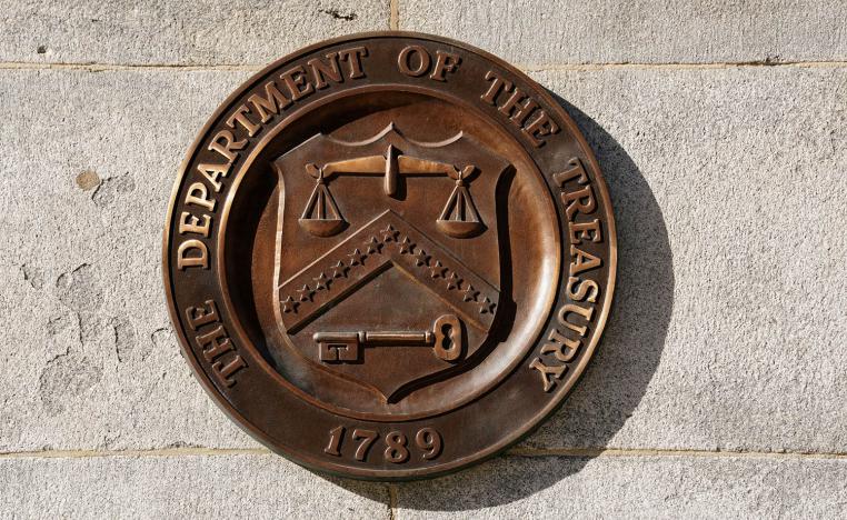 A bronze seal for the Department of the Treasury is shown at the US Treasury building in Washington