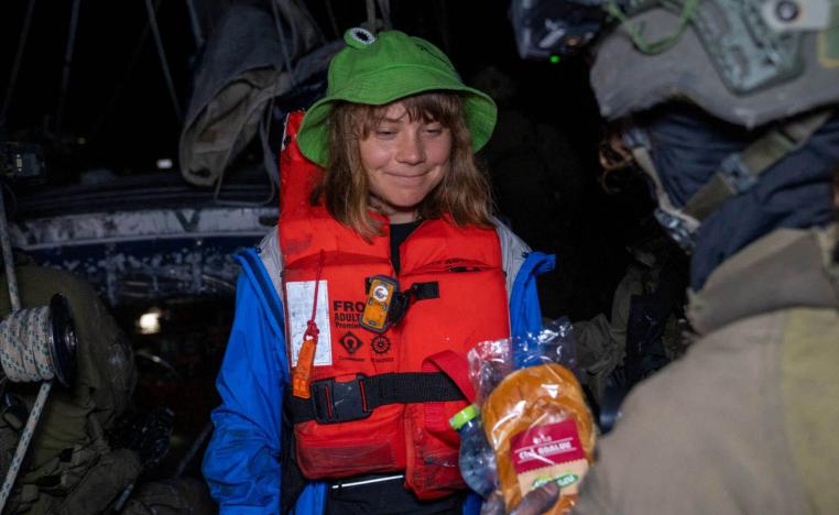  Greta Thunberg onboard the Gaza-bound British-flagged yacht Madleen after Israeli forces boarded the charity vessel 