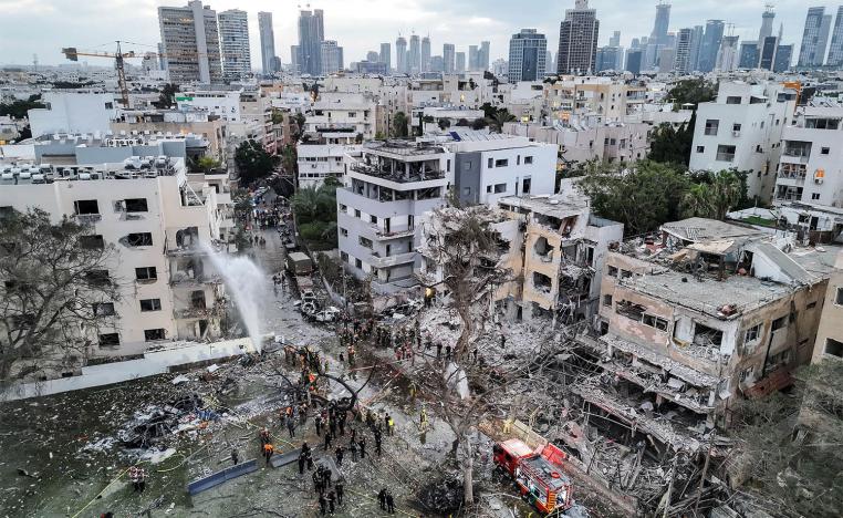 Damaged residential homes in Tel Aviv following missile attack from Iran on Israel