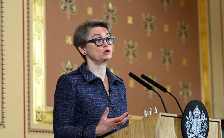 British Foreign Secretary Yvette Cooper speaks at an event in London, December 9, 2025. 