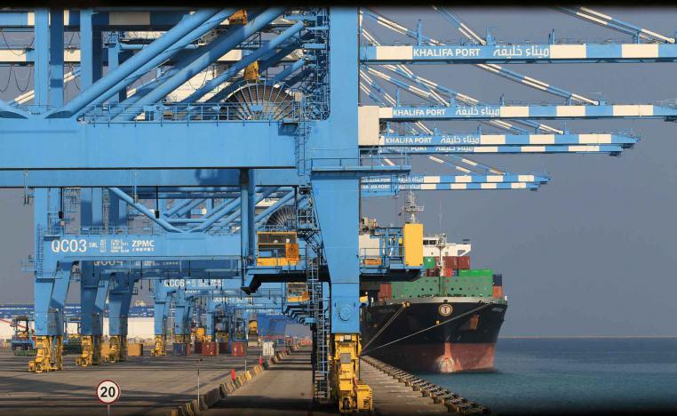 A container ship is moored at Abu Dhabi’s Khalifa Port in Abu Dhabi.
