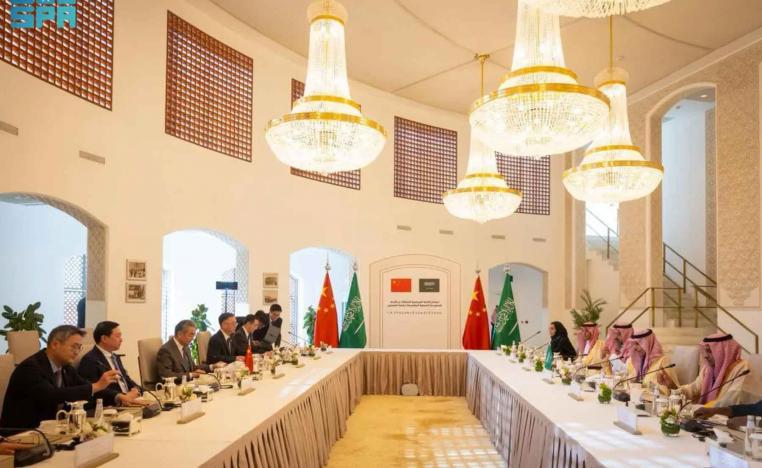 Chinese delegation led by Foreign Minister Wang Yi meets Saudi Foreign Minister Prince Faisal bin Farhan in Riyadh, December 14, 2025.