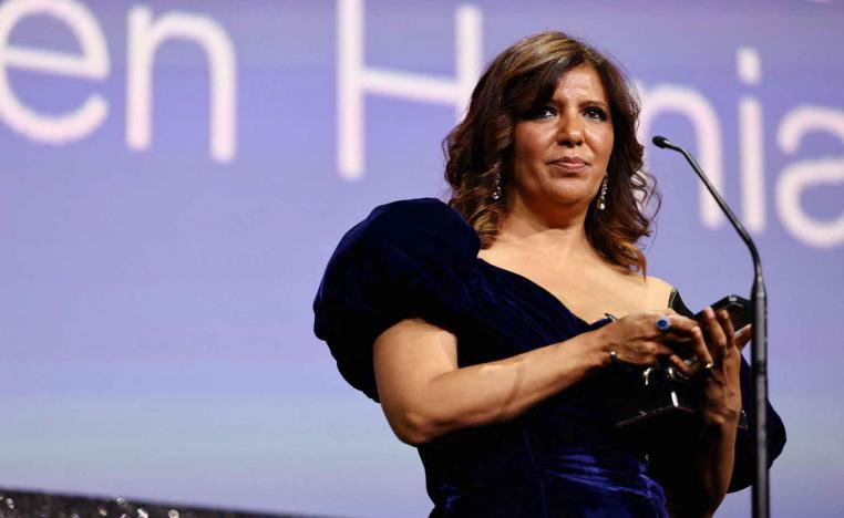 Kaouther Ben Hania receives looks on during the closing ceremony of the 82nd Venice International Film Festival, in Venice, Italy, September 6, 2025. 