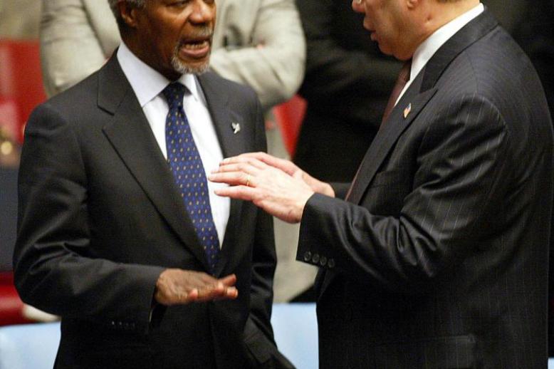 A 2003 file picture shows UN Secretary-General Kofi Annan (L) and US Secretary of State Colin Powell talking prior to the start of a UN Security Council on the situation in Iraq