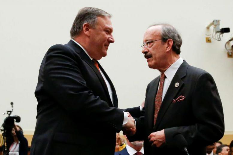 U.S. Secretary of State Mike Pompeo shakes hands with House Foreign Relations Committee Democratic Ranking member Rep. Eliot Engel