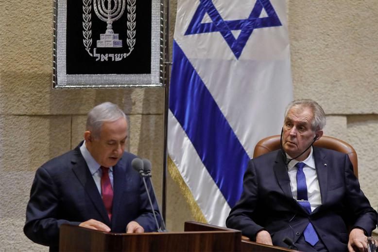 Czech President Milos Zeman listens to Israeli PM Benjamin Netanyahu during a session at the Knesset 