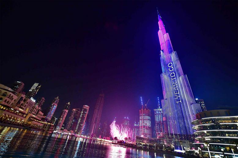 Dubai's Burj Khalifa, the world's tallest building is illuminated during festivities marking the one-year countdown to Expo 2020