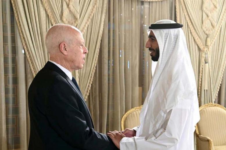 Tunisian President Kais Saied receives the UAE Minister of State in the Ministry of Foreign Affairs and International Cooperation Sheikh Shakhboot Nahyan al-Nahyan at the Carthage Palace in Tunis, August 4