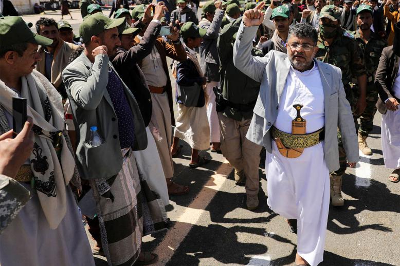 Houthi leader, Mohammad Ali al-Houthi, gestures to supporters in Sanaa