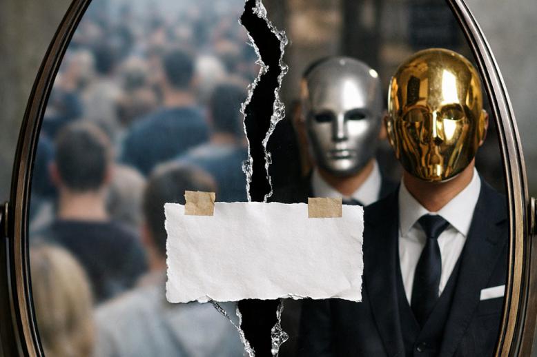 صورة لمرآة تعكس وجهين؛ جهة تمثل "القطيع بلا وعي" (تجمعات بشرية ضبابية أو بلا ملامح)، والجهة الأخرى تعكس "النخبة بلا ضمير"